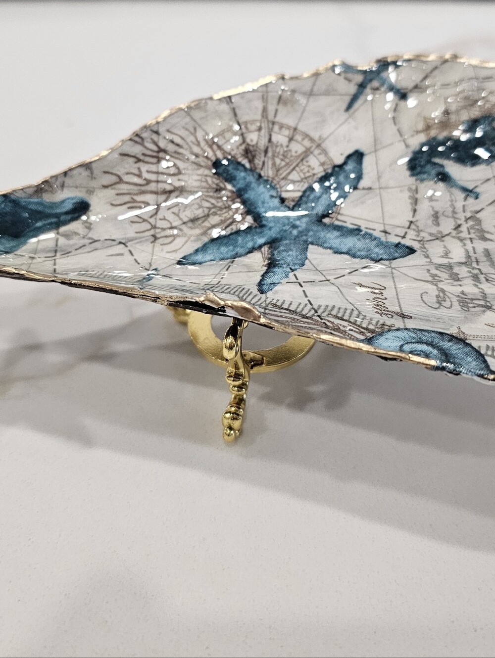 Decoupaged Nautical Print Pin Shell Ring Trinket Dish Jewelry Holder w/ Starfish
